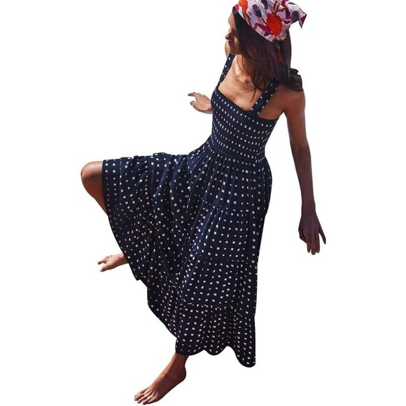 Womens Summer Maxi Dress Smocked Polka Dot Long Boho Beach Sun Dress Small - Picture 3 of 9